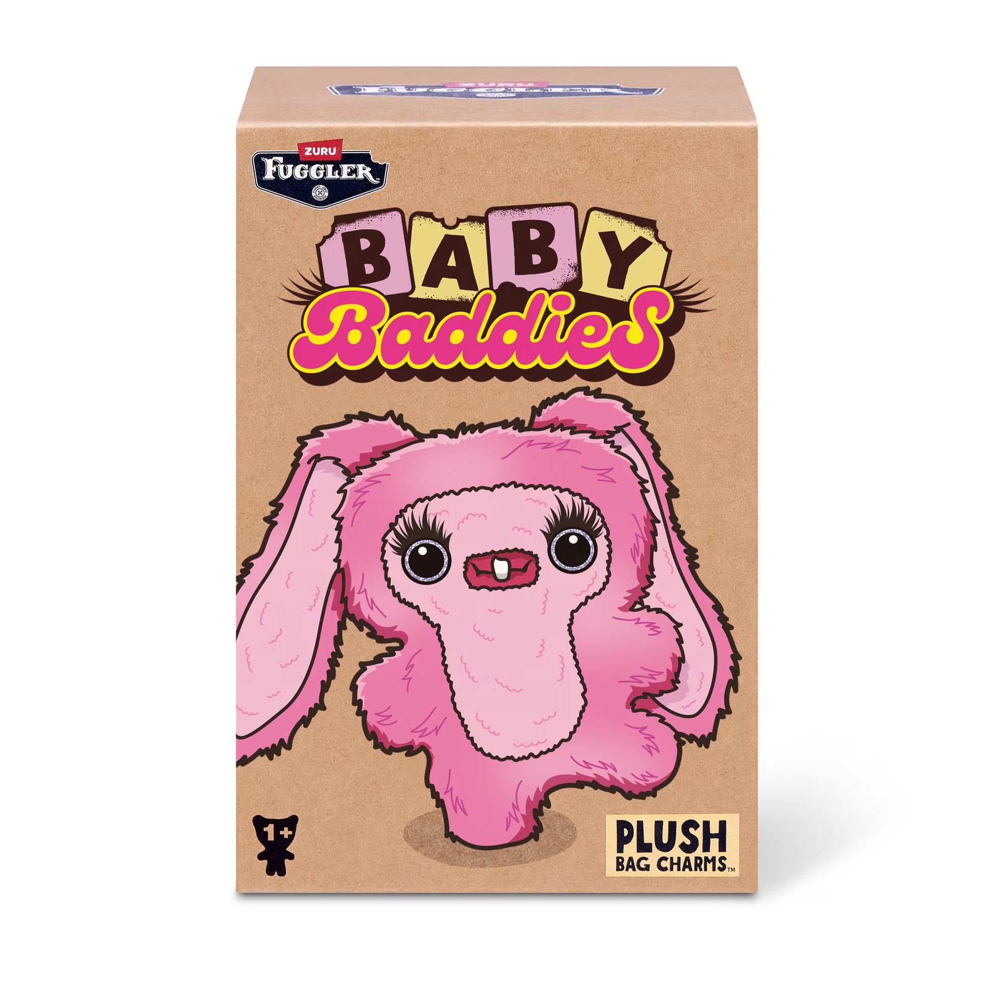 A cardboard product box for Fuggler Baby Baddies plush bag charms, featuring a pink fuzzy bunny illustration and colorful 'BABY Baddies' lettering on a white background.