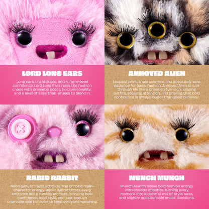 Four different plush toys with close-up details and text descriptions on a pink background.