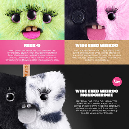 A four-panel product presentation showing the same plush monster face in different colorways, with descriptive text beneath each panel. The top row shows neon green, black, and pink versions; the bottom row shows black-and-white versions.