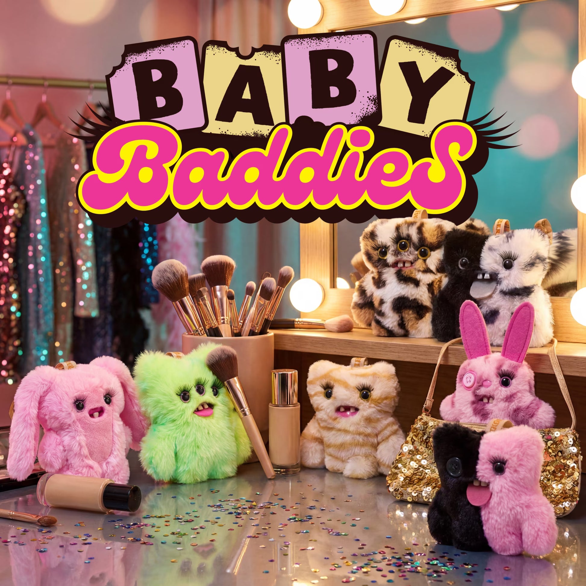 A collection of Fuggler Baby Baddies Plush displaying all 7 collectible clip-on characters.