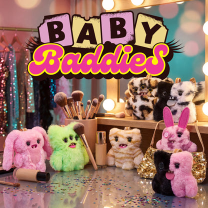 A collection of Fuggler Baby Baddies Plush displaying all 7 collectible clip-on characters.