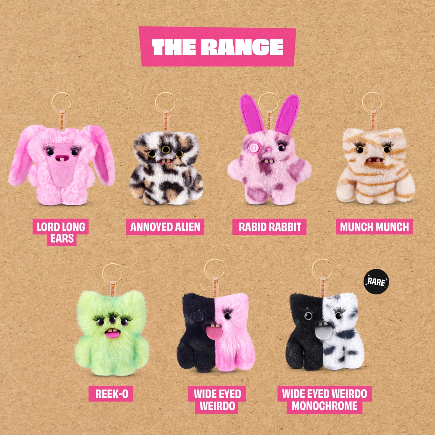 A product display graphic titled 'THE RANGE' showing eight plush character keychains on a kraft-paper background, each with its own name and a small 'RARE' badge.