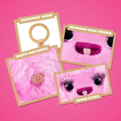Four product detail cards on a pink background showing features of a plush keychain: clip/key ring, butt-on-hole button, human-like teeth, and wide eyes. The keychain itself is a soft pink fuzzy ring with a beige clip and a small pink letter patch.