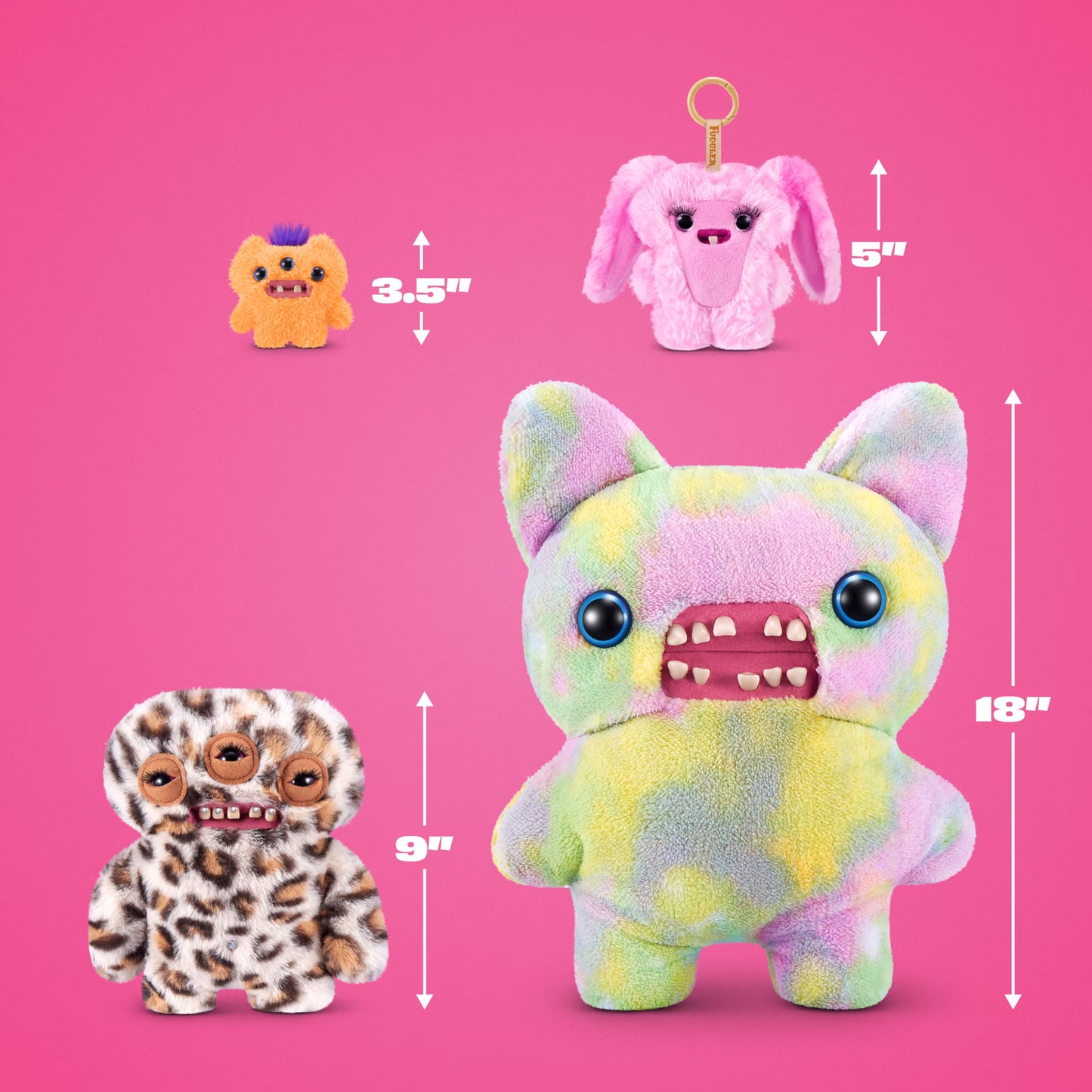 Three plush monster toys shown on a bright pink background with size arrows and labels: a small orange creature 3.5 inches tall, a small pink creature 5 inches tall, and a larger pastel tie-dye creature 18 inches tall.