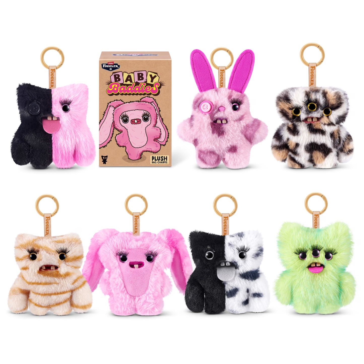Collection of plush keychains with a box labeled 'Baby Baddies' on a white background.