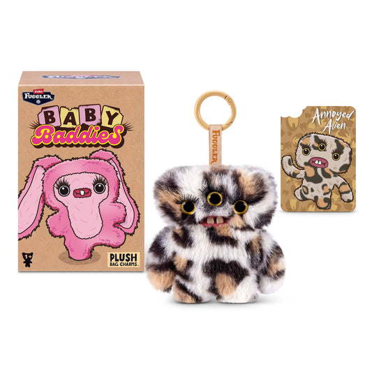 Fuggler Baby Baddies Plush Keyring blind box packaging displaying all 7 collectible clip-on characters.