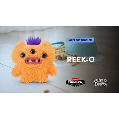 Orange plush toy with purple hair labeled 'Reek-O' on a light background