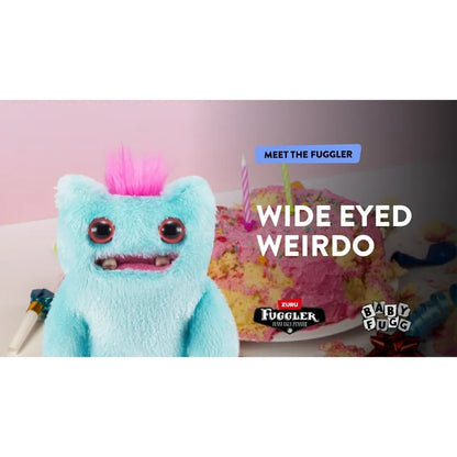 Blue plush toy with wide eyes and pink hair on a pink background, with text 'Meet the Fuggler' and 'Wide Eyed Weirdo'.