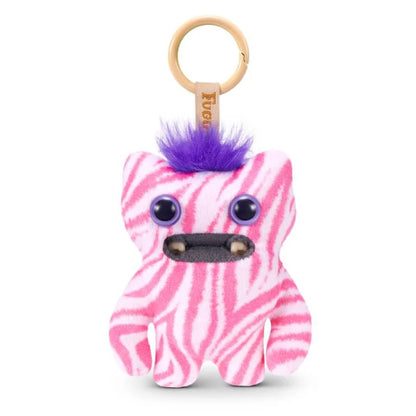 Fuggler Baby Pinkles keyring Wide Eyed Weirdo, a 3.5 inch pink and white striped plush with purple hair and human teeth.