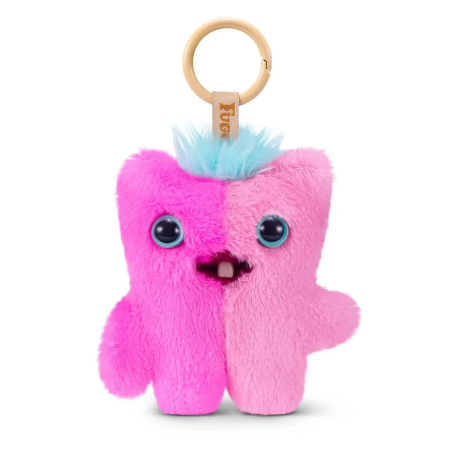 Fuggler Baby Pinkles keyring Wide Eyed Screech, a 3.5 inch pink and purple split plush with blue hair and human teeth.