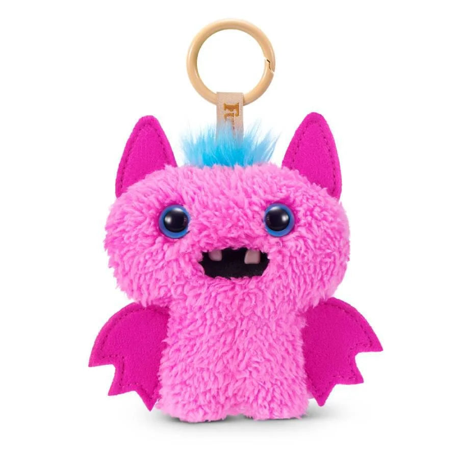 Fuggler Baby Pinkles keyring Winged Bat, a 3.5 inch pink bat plush with blue hair and human teeth.