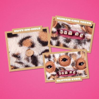Three square product photos arranged on a bright pink background, each showing a leopard-print furry item with a text label: 'BUTT-ON-HOLE,' 'HUMAN-LIKE TEETH,' and 'SLITTED EYES.' The products appear to be novelty animal-face accessories or costume components with faux fur, leopard spots, eyes, teeth, and a button detail.