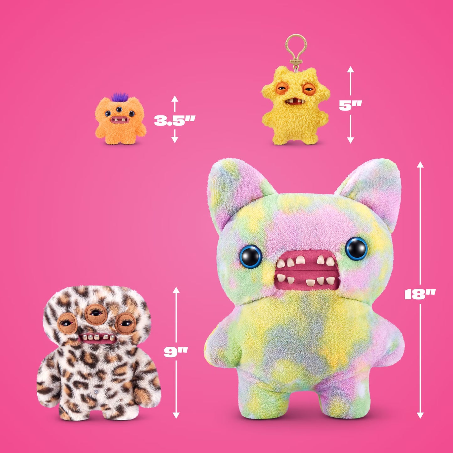 A pink background showing a large pastel tie-dye monster plush in the center with dimension arrows and labels reading 18 inches, alongside two smaller monster figures labeled 3.5 inches and 9 inches.