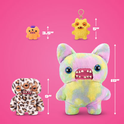 A pink background showing a large pastel tie-dye monster plush in the center with dimension arrows and labels reading 18 inches, alongside two smaller monster figures labeled 3.5 inches and 9 inches.