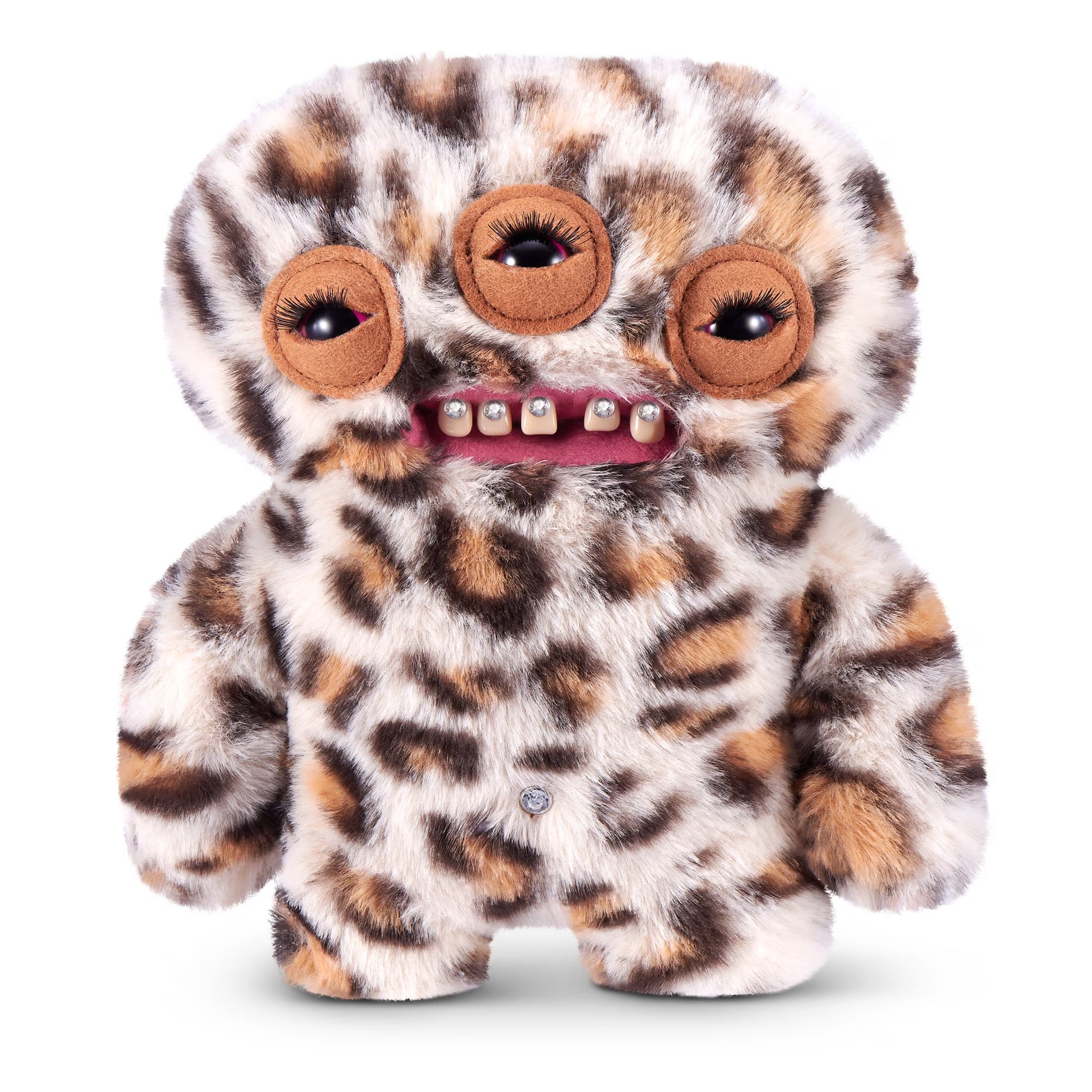 Fuggler Baddies Leopard Annoyed Alien plush with leopard print fur, three glaring eyes with long lashes, and human-like teeth with jewels.