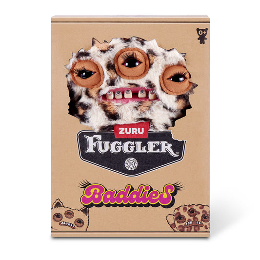 Fuggler Baddies Leopard Annoyed Alien plush with leopard print fur, three glaring eyes with long lashes, and human-like teeth with jewels.