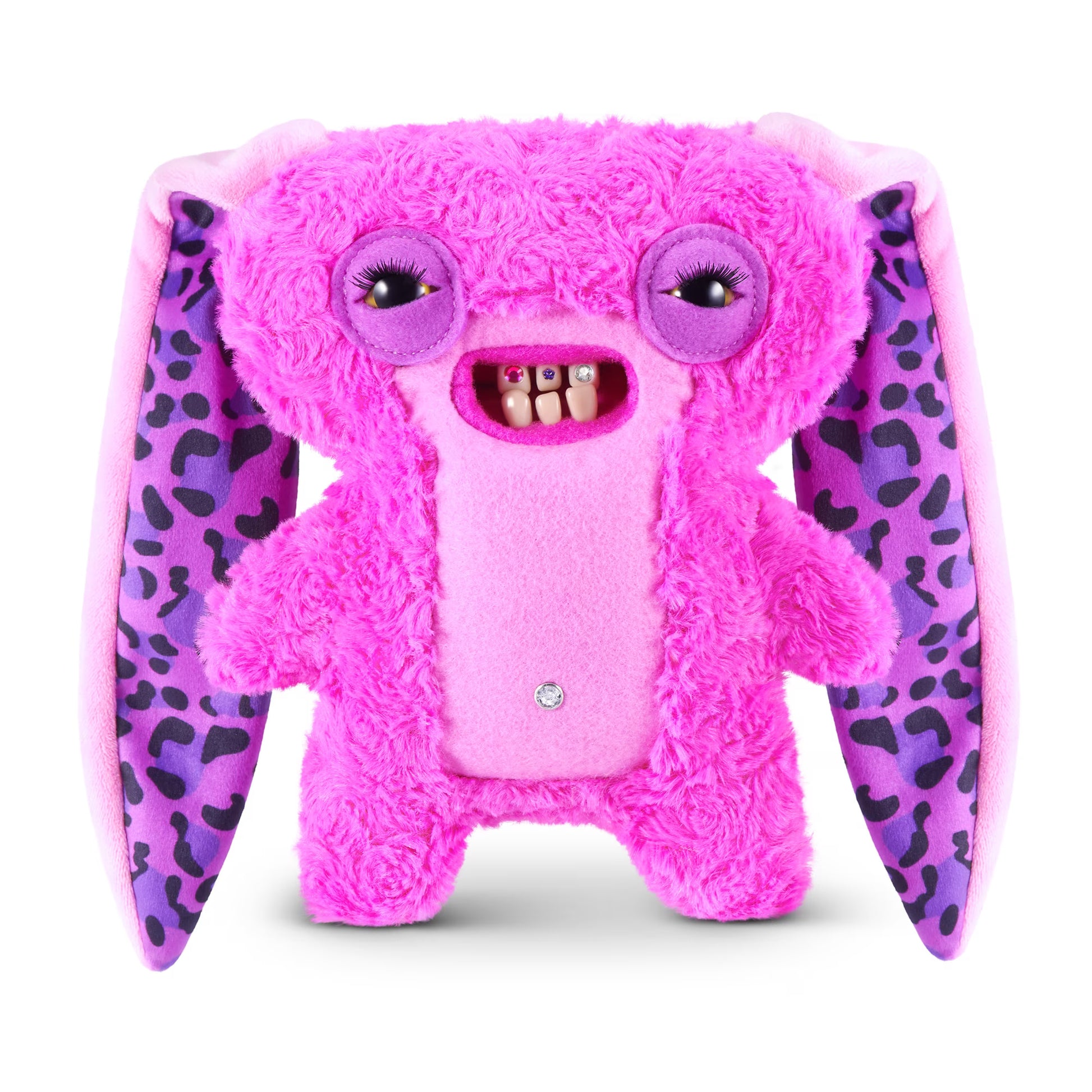 Fuggler Baddies Lord Long Ears plush with bright pink fur, long purple leopard-print ears, and human-like teeth with jewels.