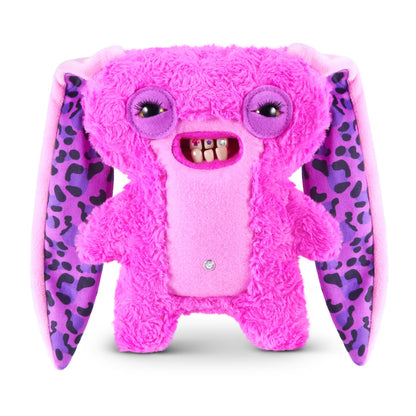 Fuggler Baddies Lord Long Ears plush with bright pink fur, long purple leopard-print ears, and human-like teeth with jewels.