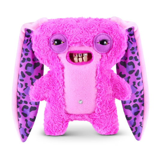 Fuggler Baddies Lord Long Ears plush with bright pink fur, long purple leopard-print ears, and human-like teeth with jewels.