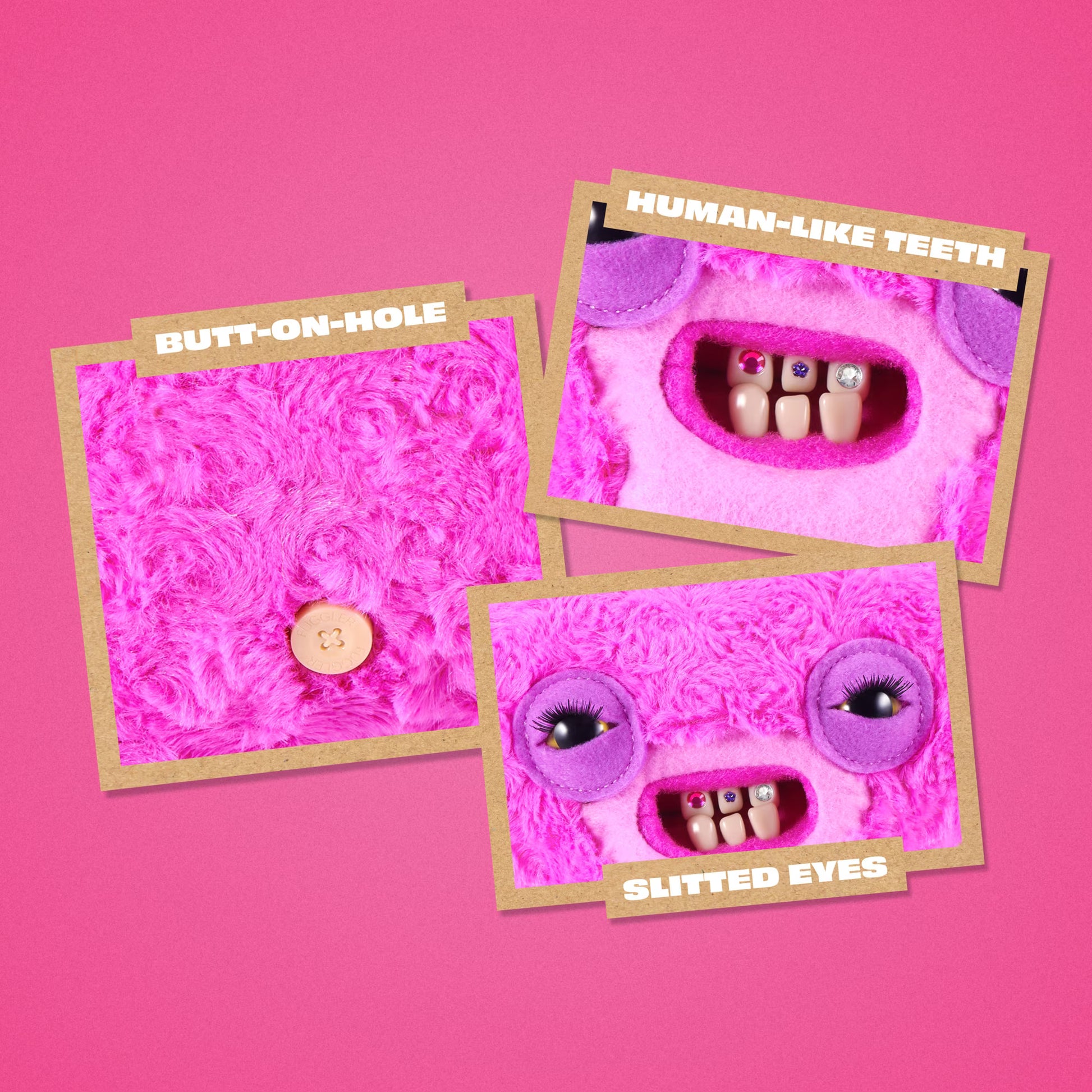Three flat-lay product photos of a bright pink fuzzy monster mouth costume or hood, each labeled with text: 'BUTT-ON-HOLE,' 'HUMAN-LIKE TEETH,' and 'SLITTED EYES.' The hoods show different eye and mouth styling options, including a button detail, teeth, and purple eye patches.