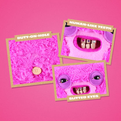 Three flat-lay product photos of a bright pink fuzzy monster mouth costume or hood, each labeled with text: 'BUTT-ON-HOLE,' 'HUMAN-LIKE TEETH,' and 'SLITTED EYES.' The hoods show different eye and mouth styling options, including a button detail, teeth, and purple eye patches.
