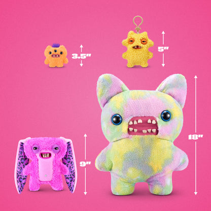 Three fuzzy monster plush toys shown on a pink background with size arrows and labels: a small orange one at 3.5 inches, a small yellow one at 5 inches, and a larger pastel tie-dye one at 18 inches.