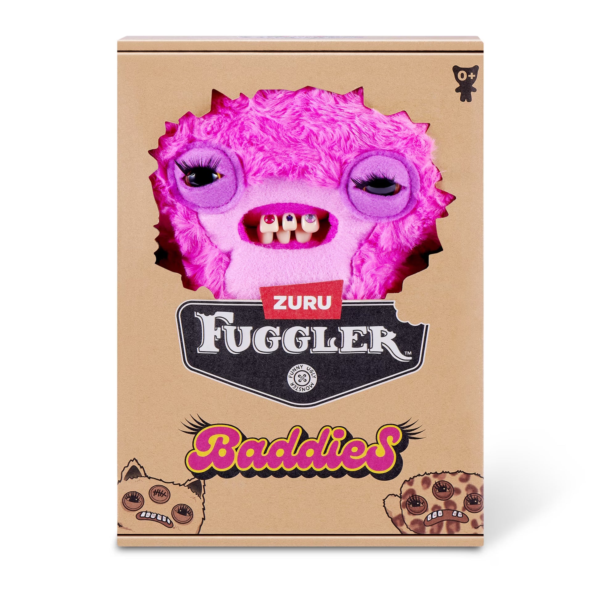Fuggler Baddies Lord Long Ears plush with bright pink fur, long purple leopard-print ears, and human-like teeth with jewels.