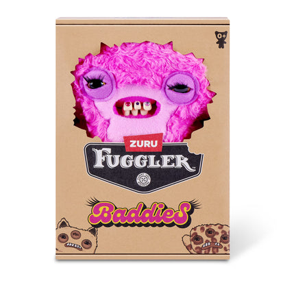 Fuggler Baddies Lord Long Ears plush with bright pink fur, long purple leopard-print ears, and human-like teeth with jewels.