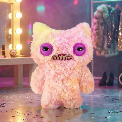 Plush toy with colorful fur and purple eyes in a festive setting