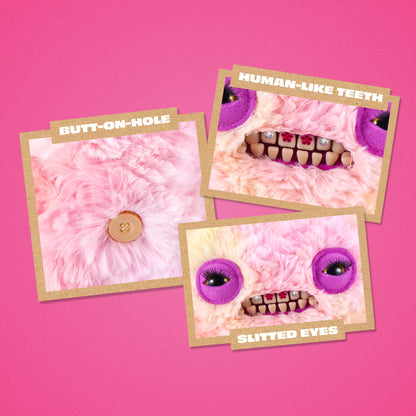 Three illustrated photo cards with gold borders on a bright pink background. The cards show close-up monster faces made of fluffy pink material, with one card featuring a single button and two cards showing stitched eyes and teeth details, with text labels 'BUTT-ON-HOLE', 'HUMAN-LIKE TEETH', and 'SLITTED EYES'.