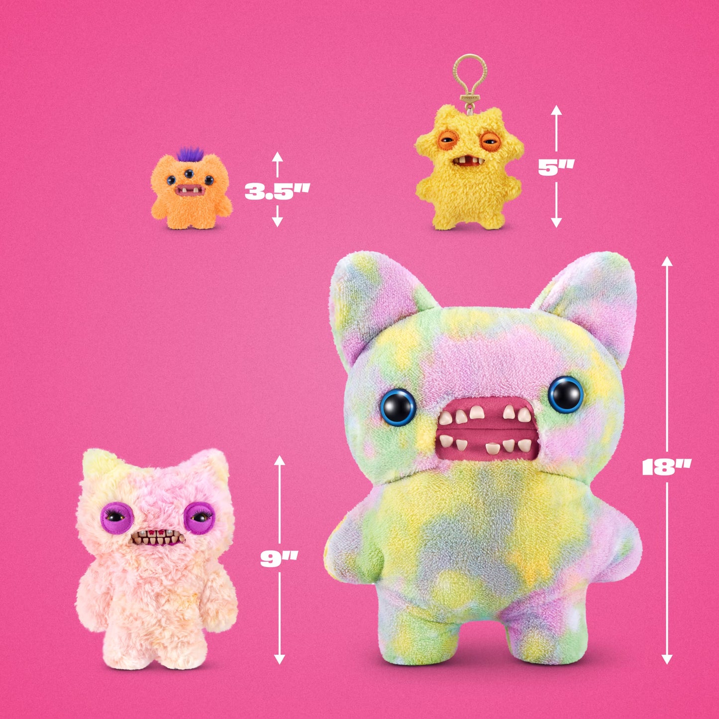 Three fuzzy monster plush toys shown on a bright pink background with size arrows and labels: a small orange one labeled 3.5 inches, a small yellow one labeled 5 inches, and a larger pastel tie-dye one labeled 18 inches.