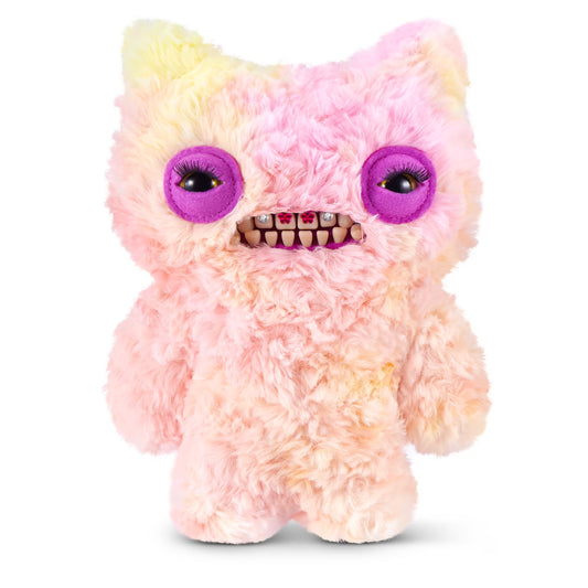 Fuggler Baddies Munch Munch plush with pastel pink and yellow fur, purple eye surrounds, and human-like teeth with jewels.