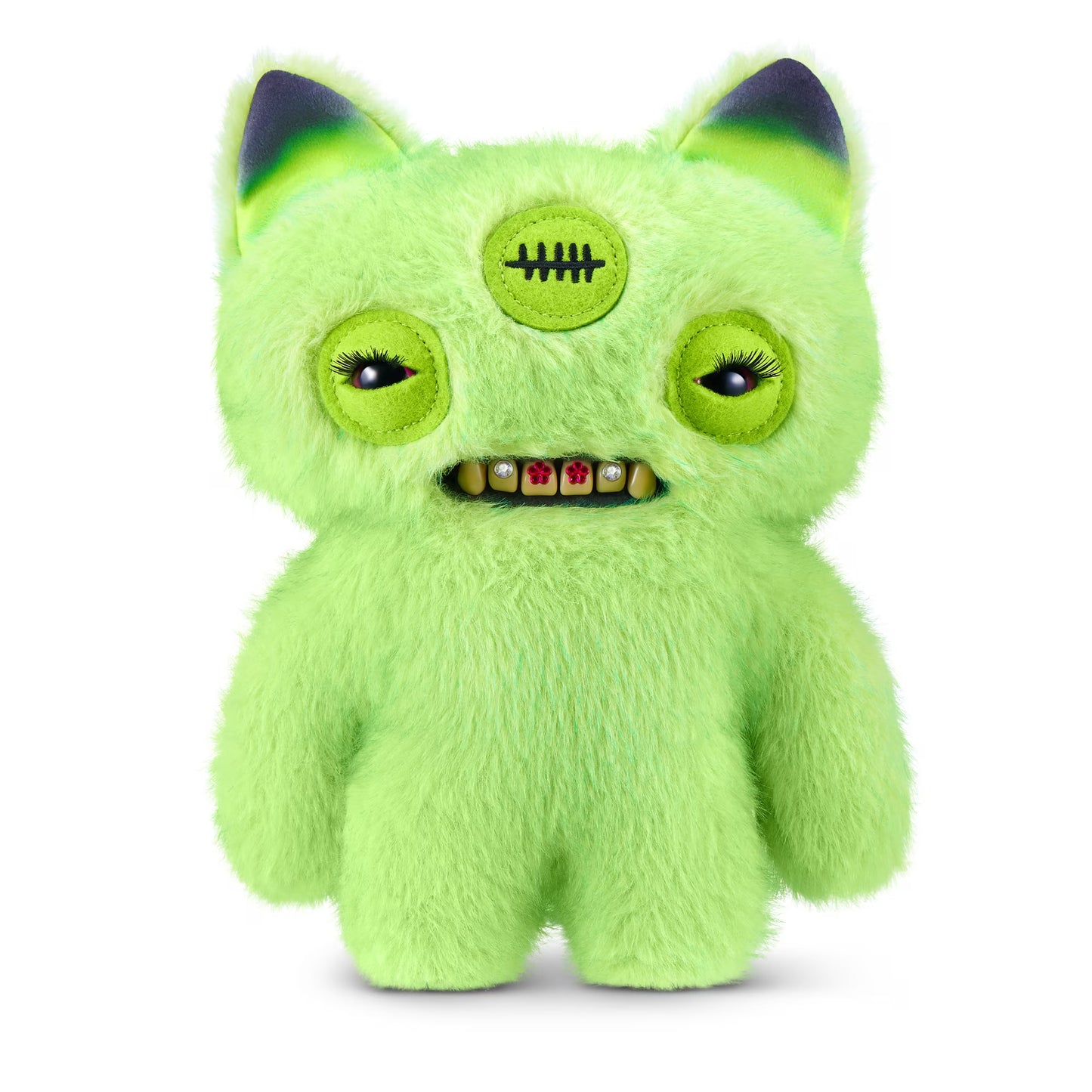 Fuggler Baddies Neon Green Annoyed Alien plush with bright green fur, stitched third eye, and human-like teeth with jewels.