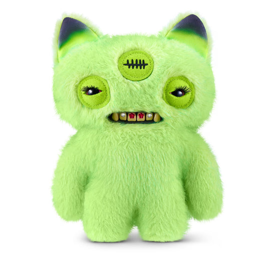 Fuggler Baddies Neon Green Annoyed Alien plush with bright green fur, stitched third eye, and human-like teeth with jewels.