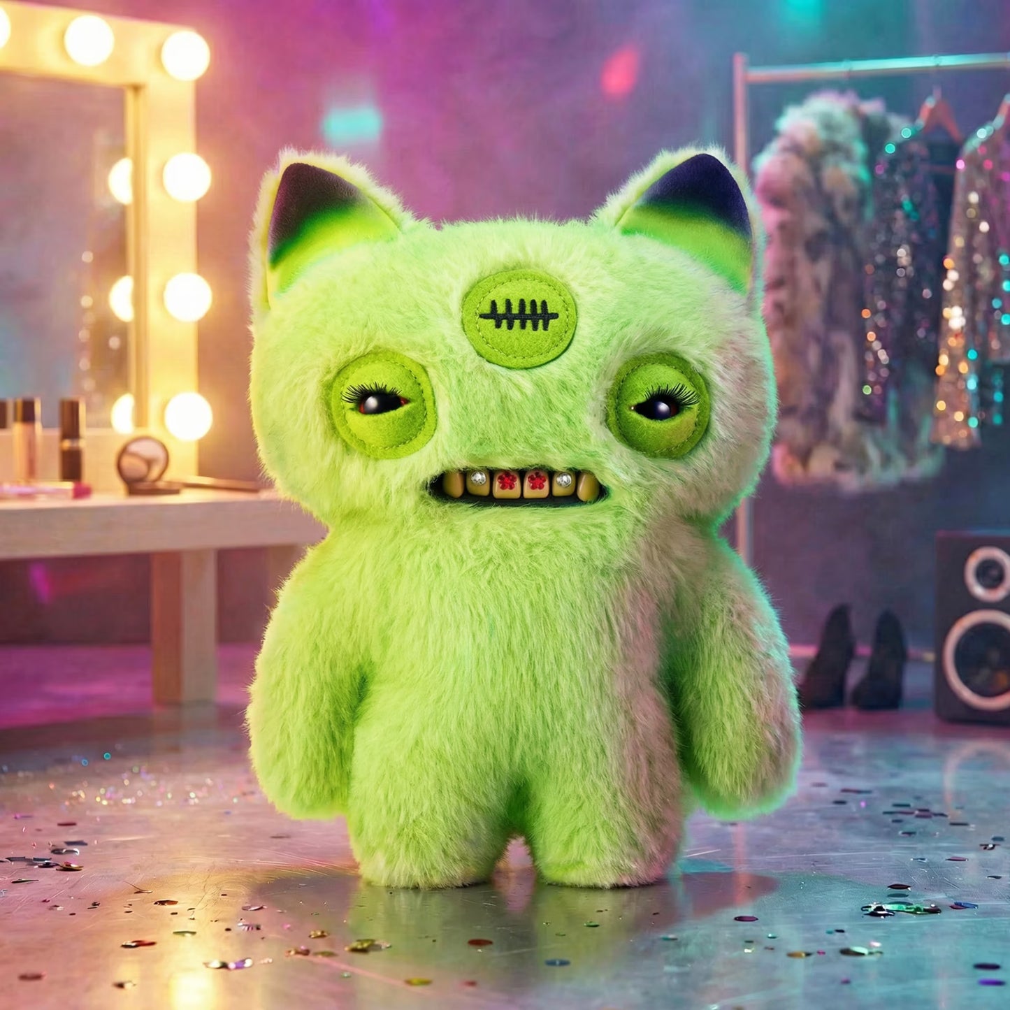 A fuzzy monster plush toy in bright neon green stands in a dressing-room-like setting with a mirror, lights, clothing rack, and floor confetti. The plush has large round eyes, dark inner ears, a stitched patch on the forehead, and small teeth showing.