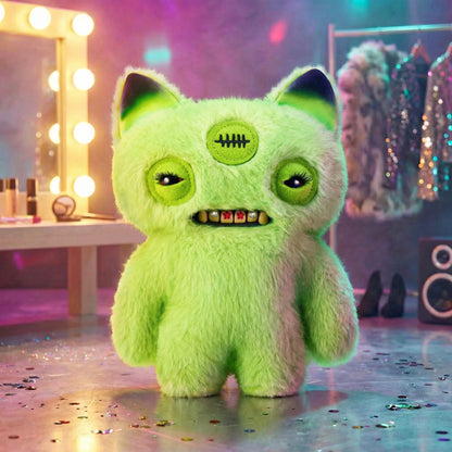 A fuzzy monster plush toy in bright neon green stands in a dressing-room-like setting with a mirror, lights, clothing rack, and floor confetti. The plush has large round eyes, dark inner ears, a stitched patch on the forehead, and small teeth showing.