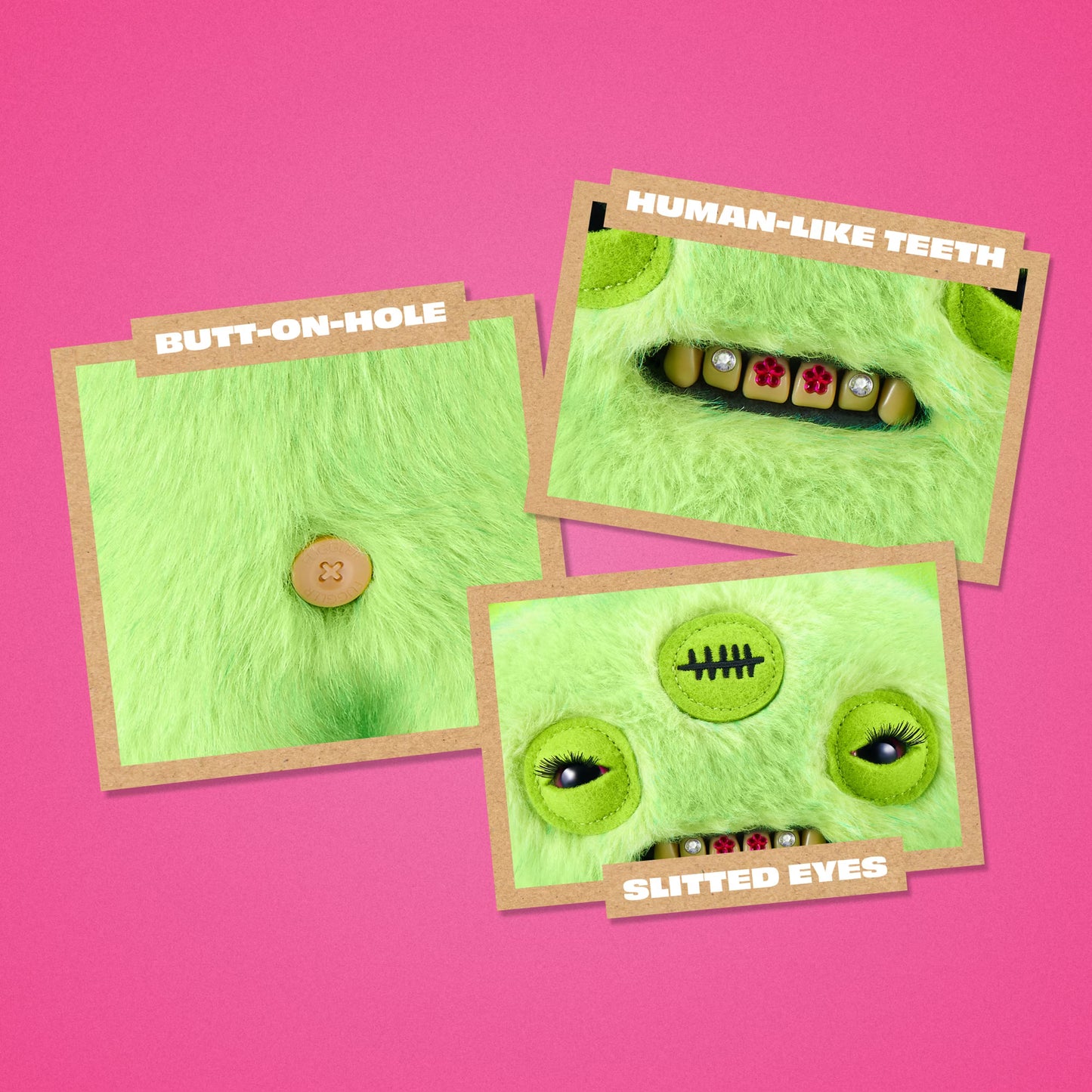 Three square product photos arranged on a bright pink background, showing a light green furry monster-themed item with labeled details: 'BUTT-ON-HOLE,' 'HUMAN-LIKE TEETH,' and 'SLITTED EYES.'.