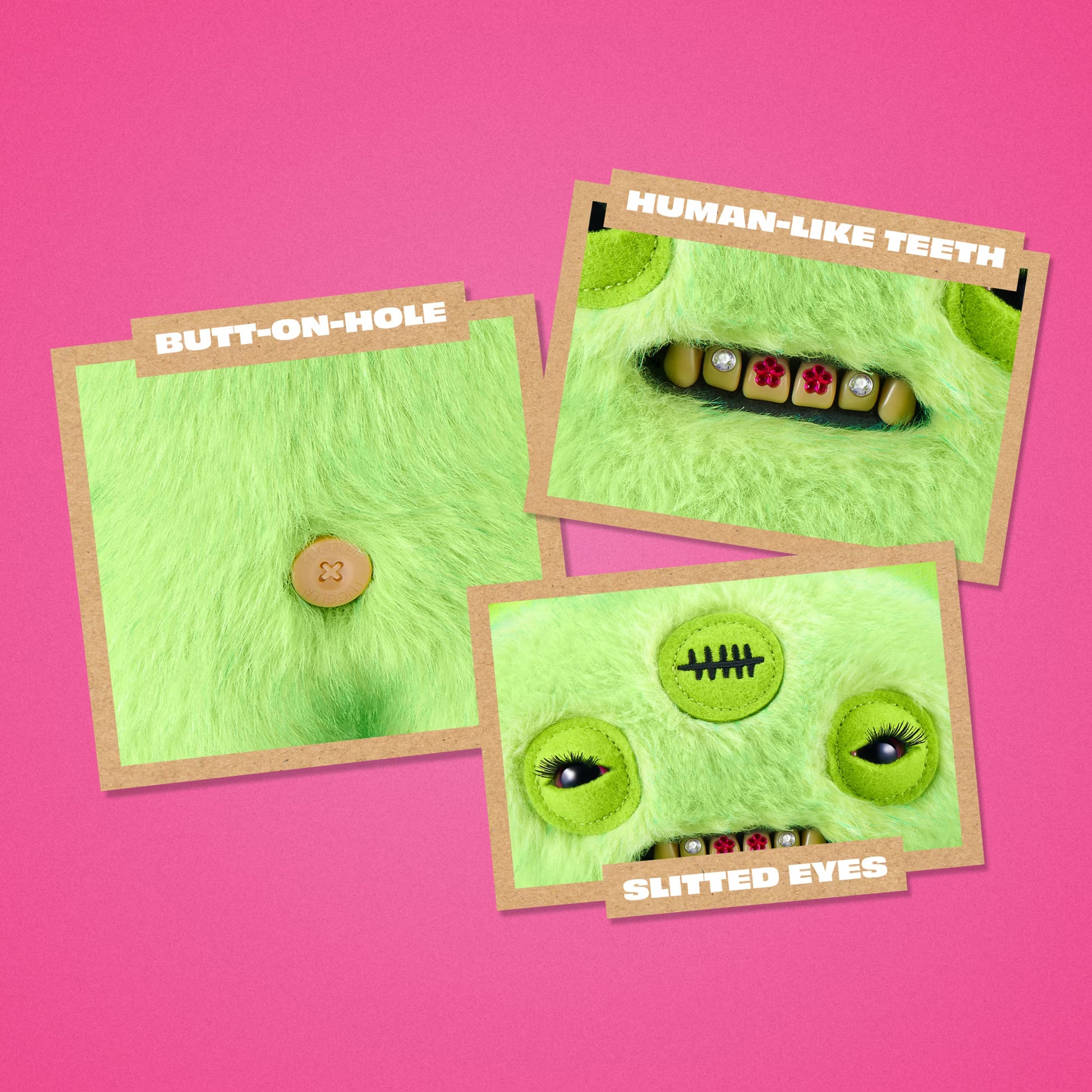 Three square product photos arranged on a bright pink background, showing a light green furry monster-themed item with labeled details: 'BUTT-ON-HOLE,' 'HUMAN-LIKE TEETH,' and 'SLITTED EYES.'.