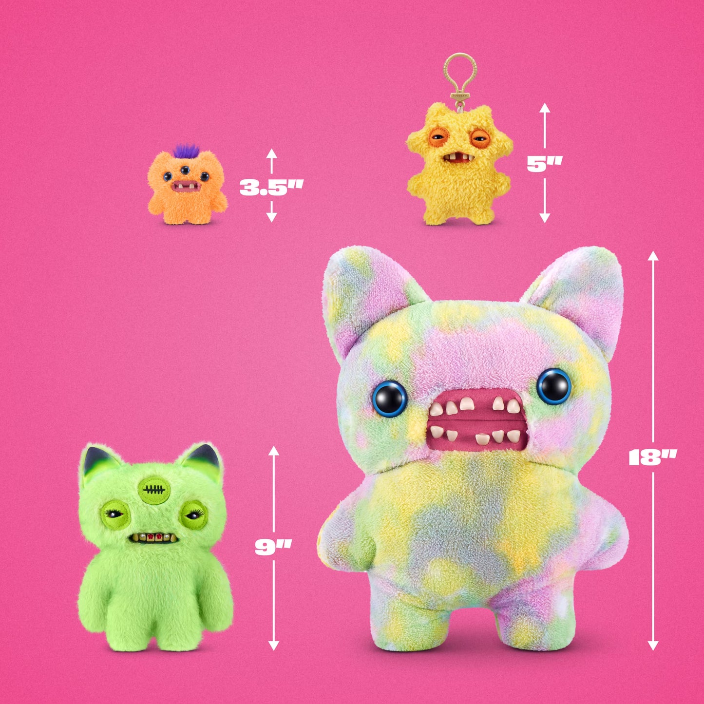 Three fuzzy monster plush toys shown on a bright pink background with size arrows and labels: a small orange one labeled 3.5 inches, a small lime green one labeled 9 inches, and a large pastel tie-dye one labeled 18 inches.