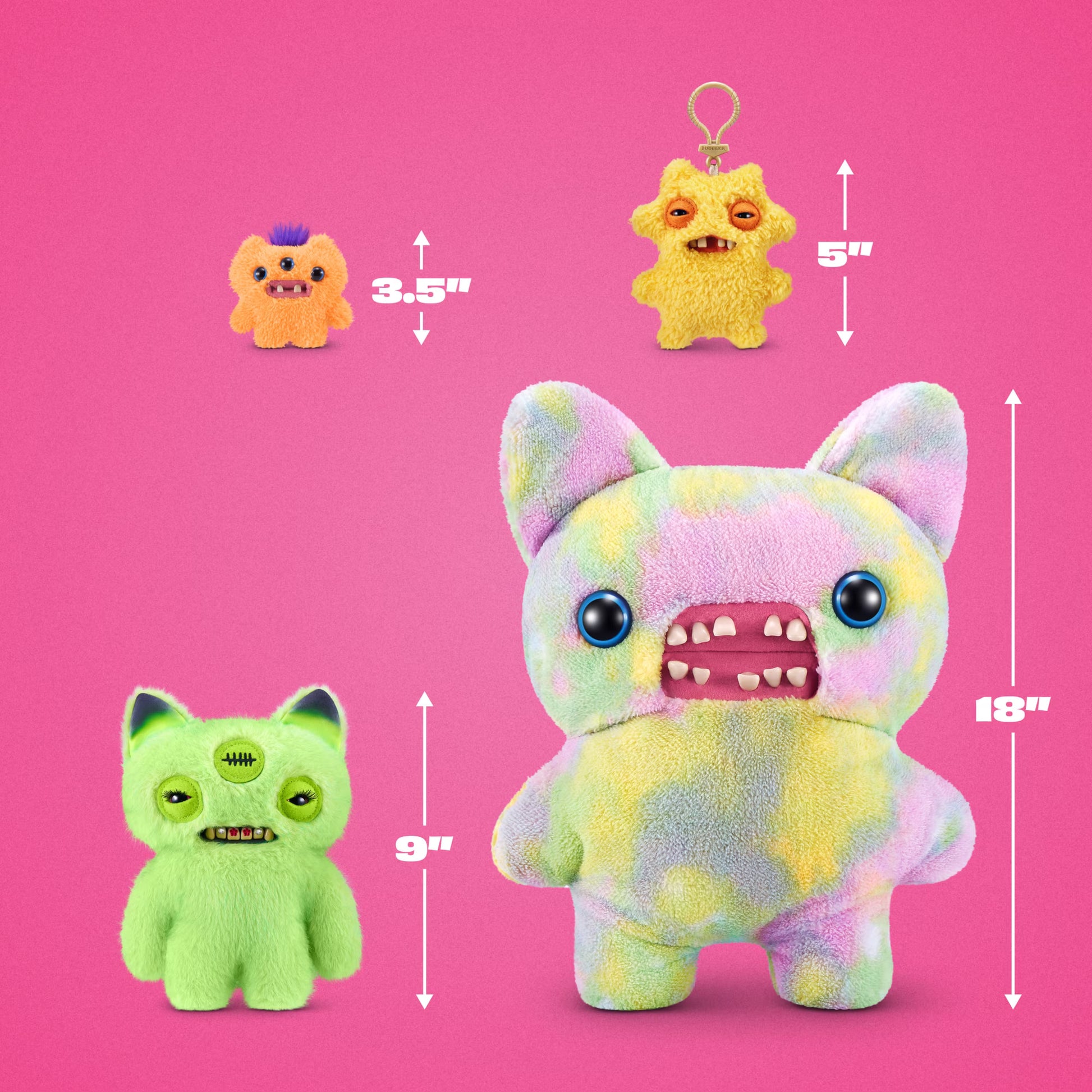 Three fuzzy monster plush toys shown on a bright pink background with size arrows and labels: a small orange one labeled 3.5 inches, a small lime green one labeled 9 inches, and a large pastel tie-dye one labeled 18 inches.