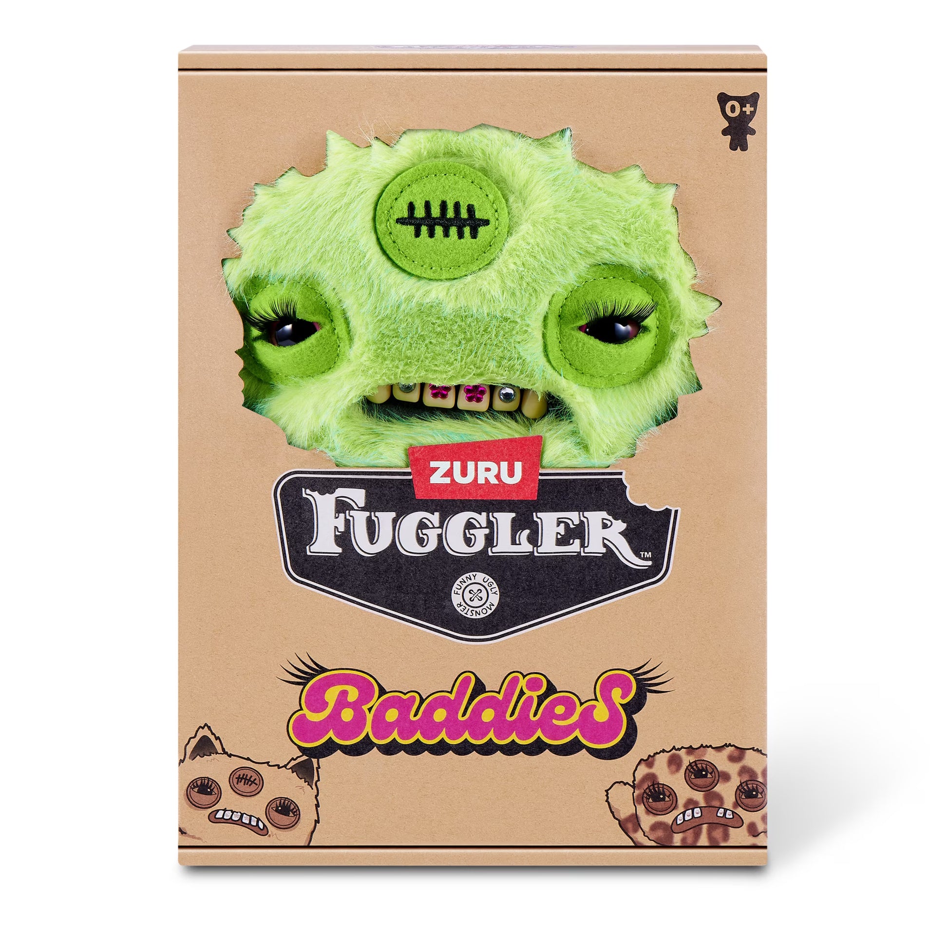 Zuru Fuggler 'Baddies' collectible plush toy in its original packaging. The box is kraft brown with cartoon illustrations of monster faces and a cutout window displaying a green fuzzy monster head with a stitched patch on its forehead.