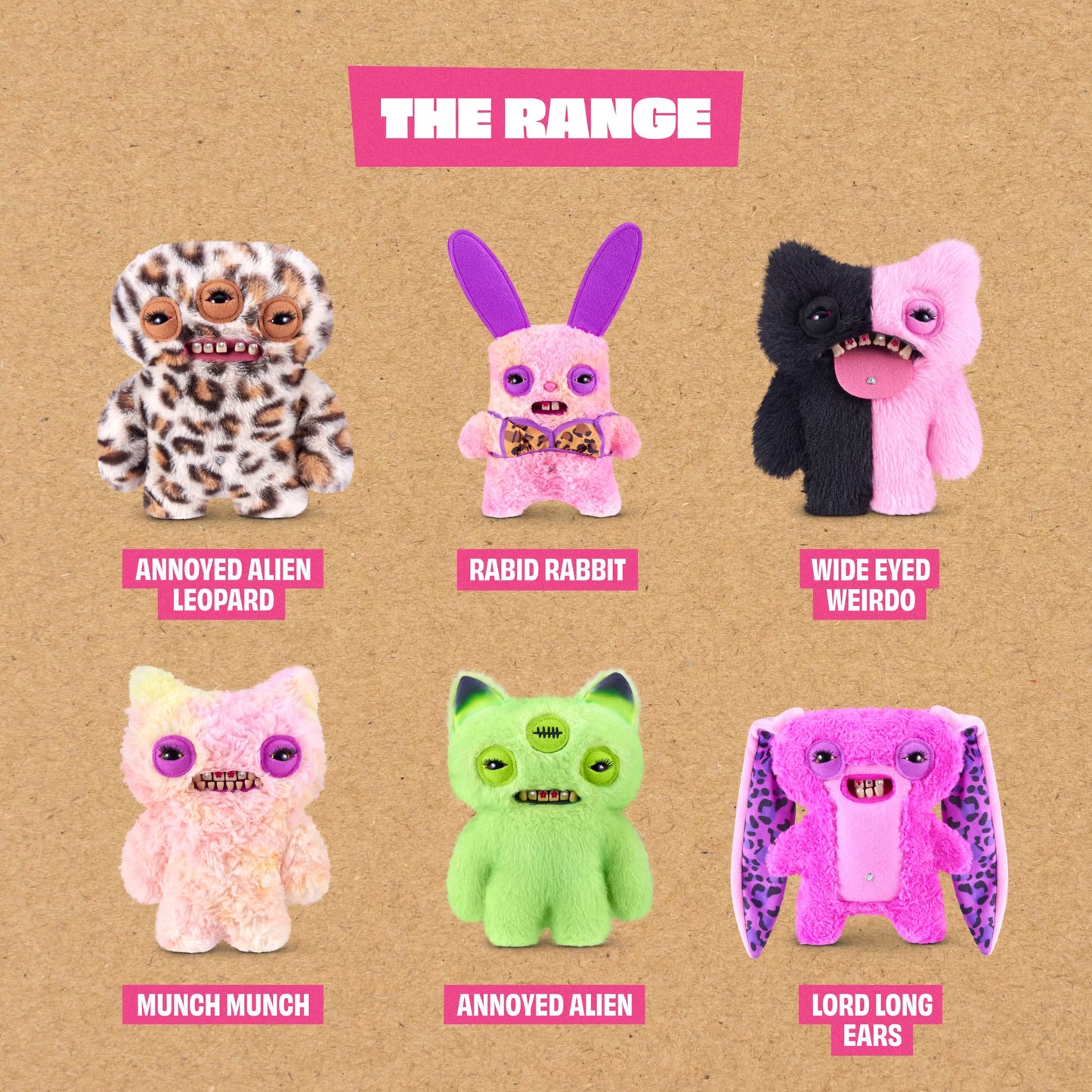 A product display graphic titled 'THE RANGE' showing six plush toy characters on a tan textured background: Annoyed Alien Leopard, Rabid Rabbit, Wide Eyed Weirdo, Munch Munch, Annoyed Alien, and Lord Long Ears, each with a pink label below.