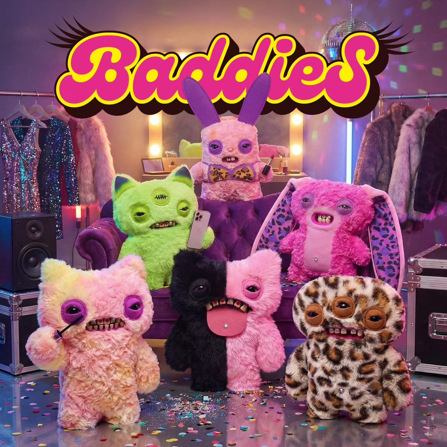A group of plush monster toys arranged in a decorated studio setting with a disco ball, clothing racks, and a large pink 'Baddies' sign overhead. The plushies include pink, green, black-and-pink, leopard-print, and pastel multicolor designs.