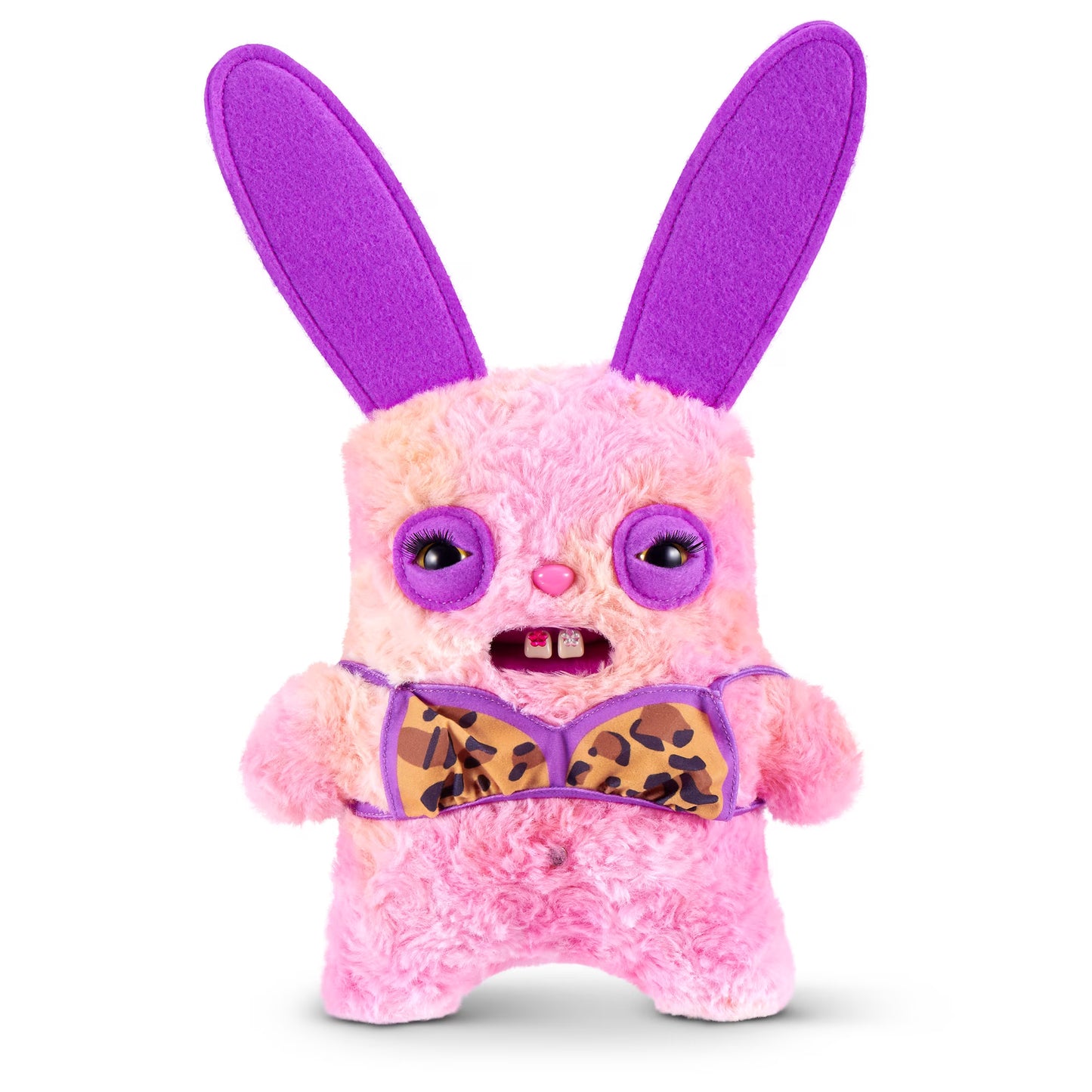 Fuggler Baddies Rabid Rabbit plush with neon pink fur, tall purple ears, leopard-print bow tie top, and human-like teeth.