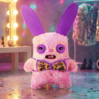 Pink plush toy with purple ears and bow tie on a colorful, festive background