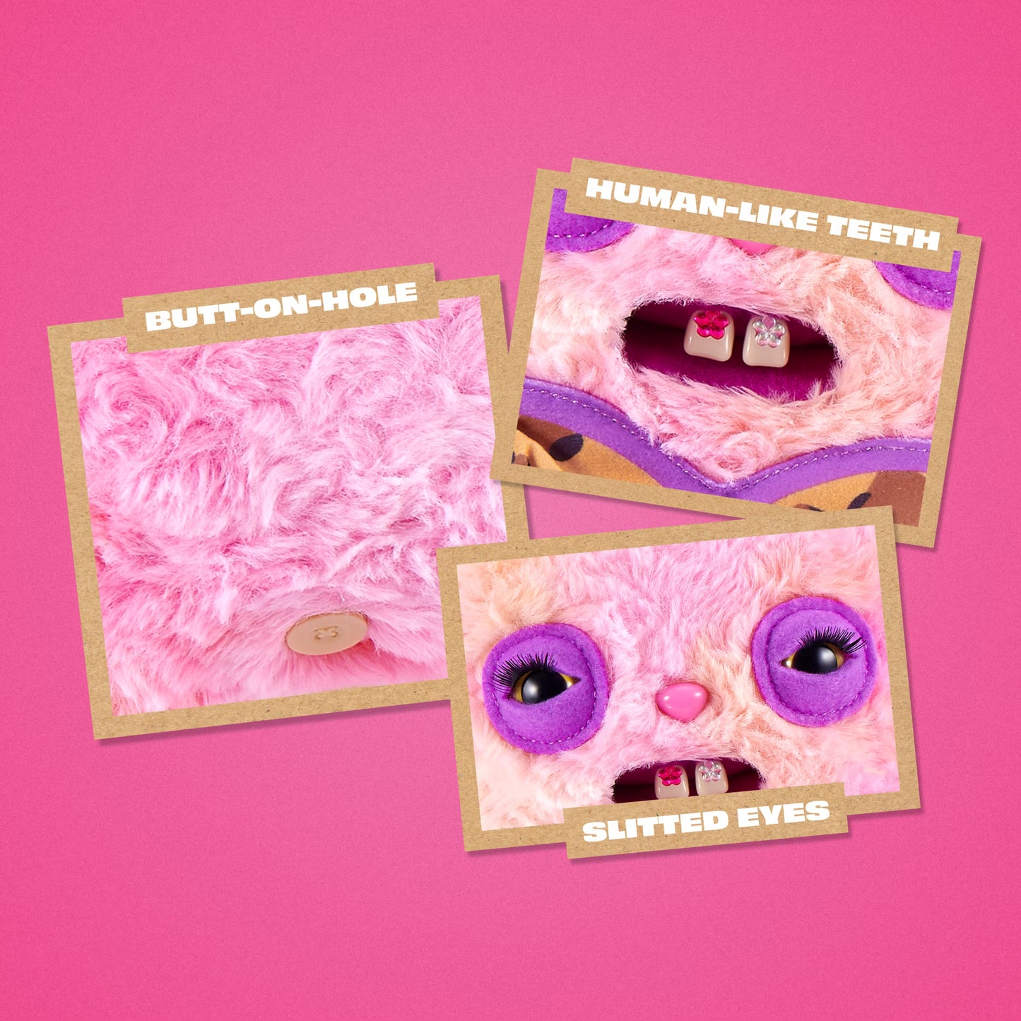 Three overlapping close-up product detail photos on a bright pink background. The photos show a fluffy pink plush item with purple trim and embroidered facial details, including labels reading 'BUTT-ON-HOLE,' 'HUMAN-LIKE TEETH,' and 'SLITTED EYES.