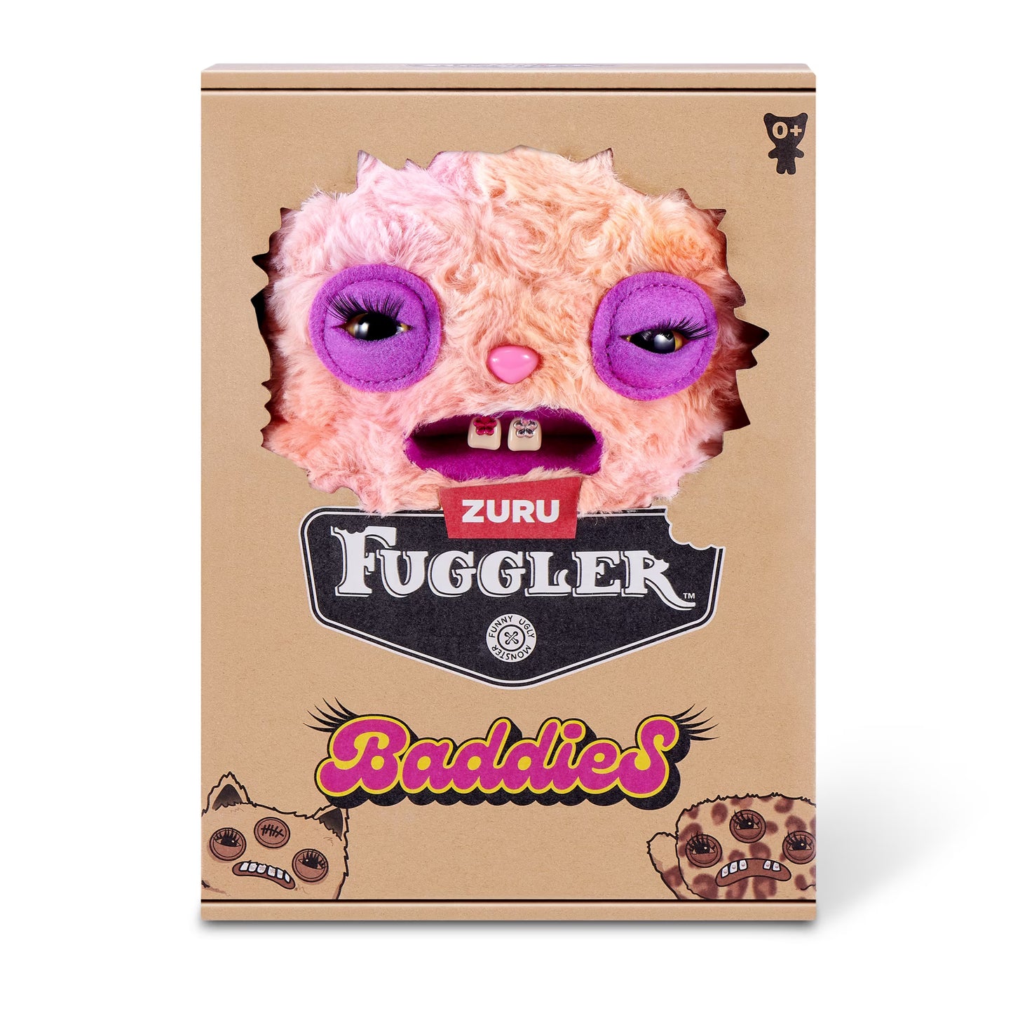 The product packaging for the Zuru Fuggler 'Baddies' plush toy, featuring a cardboard box with a die-cut window showing a pink fuzzy monster with purple eyes and a pink nose.