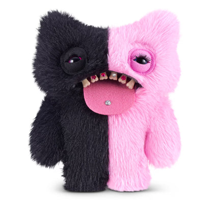 Fuggler Baddies Wide Eyed Weirdo plush with split black and pink fur, human-like teeth with jewels, and sticking-out tongue.