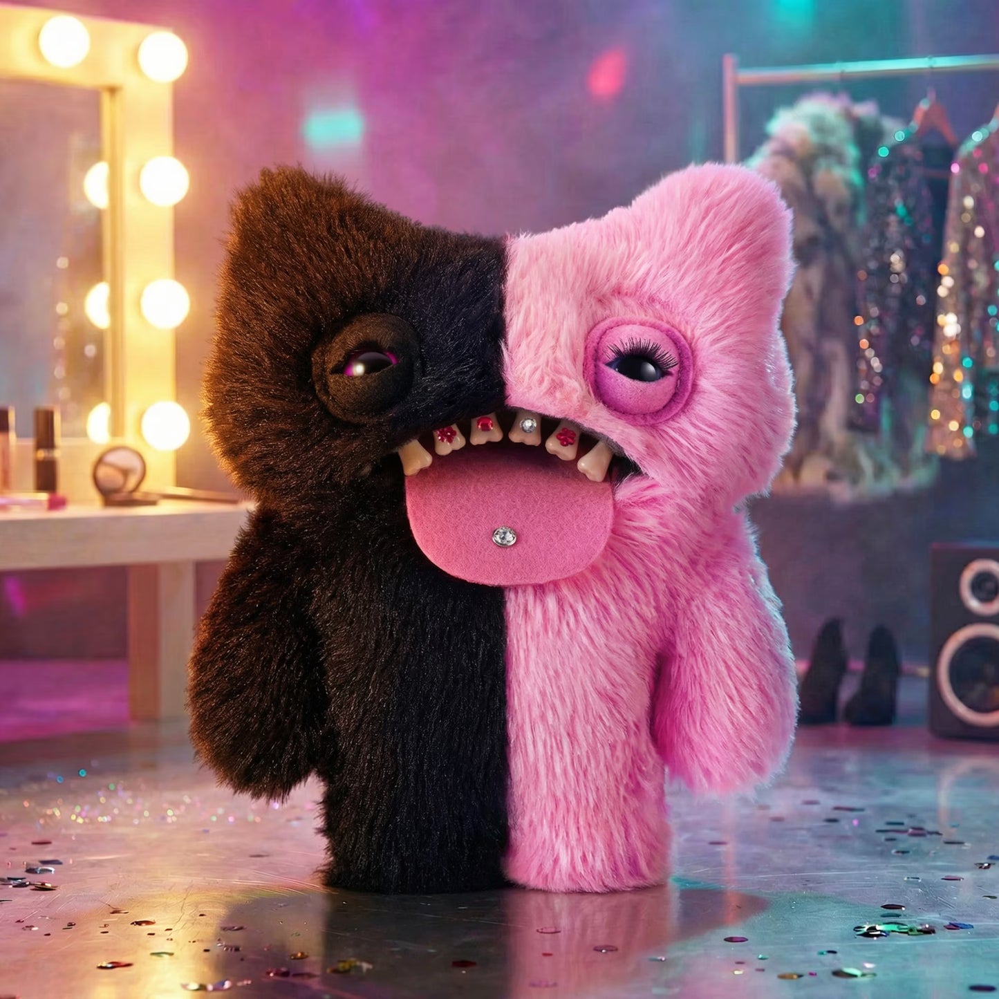 A plush monster toy split down the middle into a dark brown/black side and a pink side, with large eyes, a wide open mouth showing teeth, and a pink tongue, standing in a stylized room with colorful lighting and clothing racks in the background.