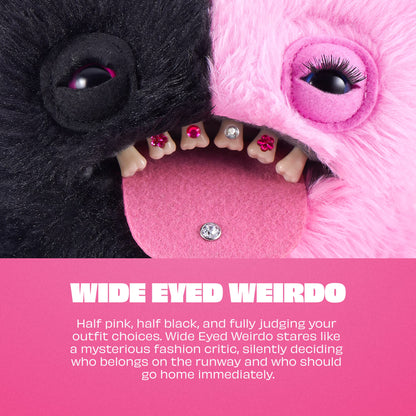 A close-up of a plush toy face split evenly between black fur on the left and bright pink fur on the right, with wide eyes, small teeth, and a pink tongue. Text below reads 'WIDE EYED WEIRDO' with a descriptive phrase about the half pink, half black design.